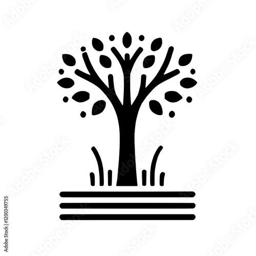 Symbolic Tree of Life:  A stylized black and white illustration of a tree, rooted firmly in the earth, symbolizing growth, strength, and connection to nature.