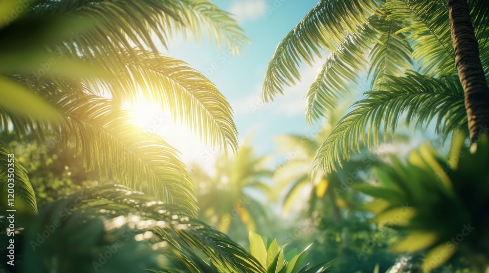 Sunlit Tropical Paradise: Lush Palm Trees and Vibrant Greenery Sunlit Tropical Paradise: Lush Palm Trees and Vibrant Greenery