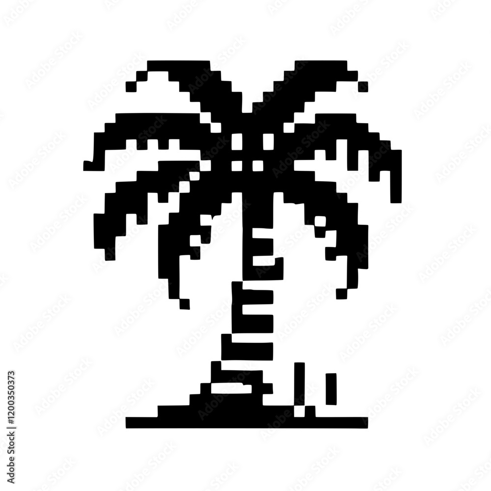 Fototapeta premium Pixel Palm Tree: A minimalist pixel art depiction of a palm tree on a small beach, offering a simple yet evocative image of tropical paradise. 