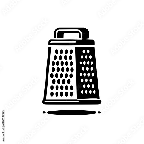 Box Grater Icon: A simple yet functional black and white icon illustration of a box grater, perfect for culinary apps, websites, or recipe books.  The design is clean, minimalist, and easily scalable.