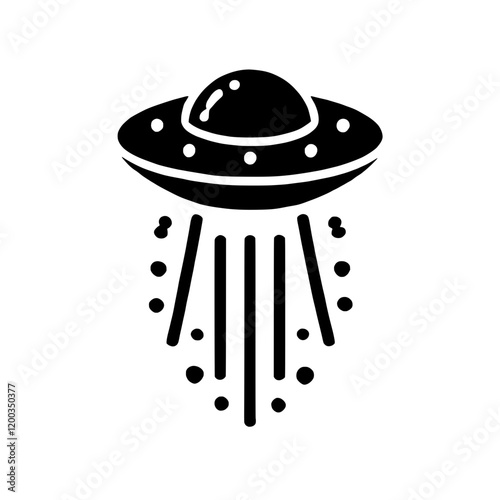 UFO Encounter: A sleek, black-and-white silhouette of a UFO with a domed top hovers with a beam of light radiating below. The minimalist design evokes a sense of mystery and anticipation.