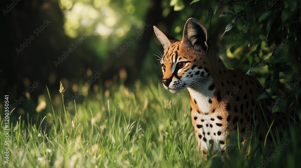 Fototapeta premium Serval cat sitting in tall grass, dappled sunlight.
