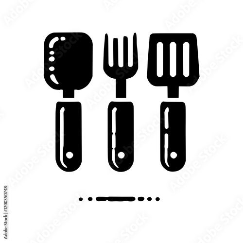 Kitchen Utensil Set: Simple line art illustration of three essential kitchen utensils: spatula, fork, and slotted spatula, arranged neatly in a row.  Perfect for culinary blogs.