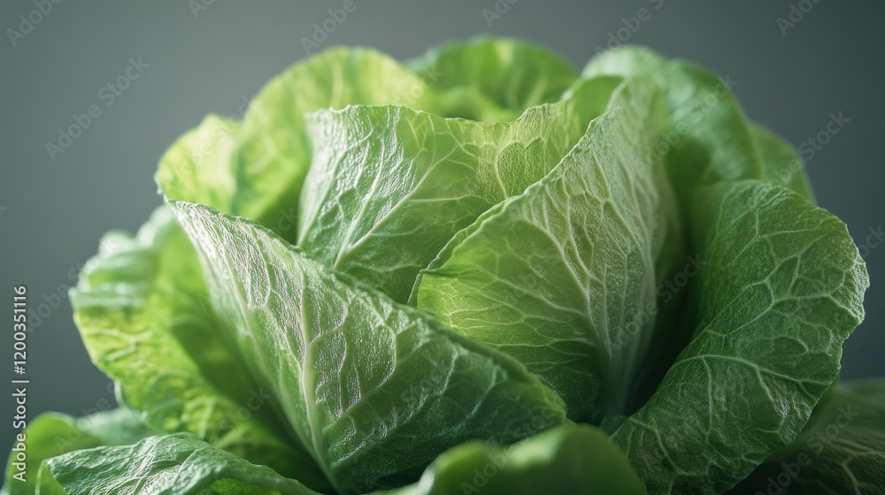 Obraz premium Close-up of fresh, green lettuce head, showing detailed leaf texture and vibrant color against a muted background.