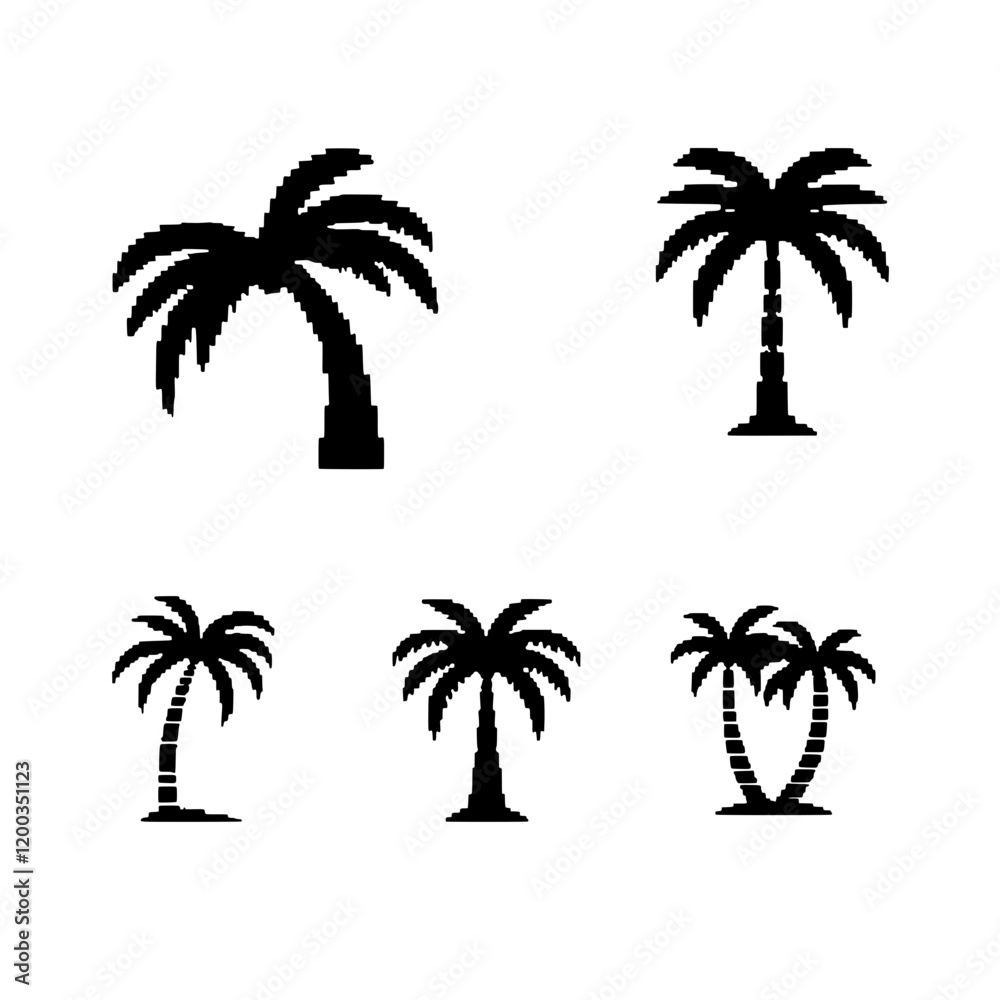 Fototapeta premium Palm Tree Icons: A collection of five distinct palm tree icons, depicted in a minimalist black silhouette style, perfect for tropical-themed designs and branding. 