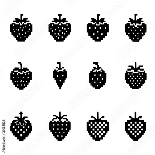 Pixel Art Strawberry Collection: A set of twelve pixel art strawberries in various styles and orientations, perfect for game design, digital art projects, or retro-themed designs.  