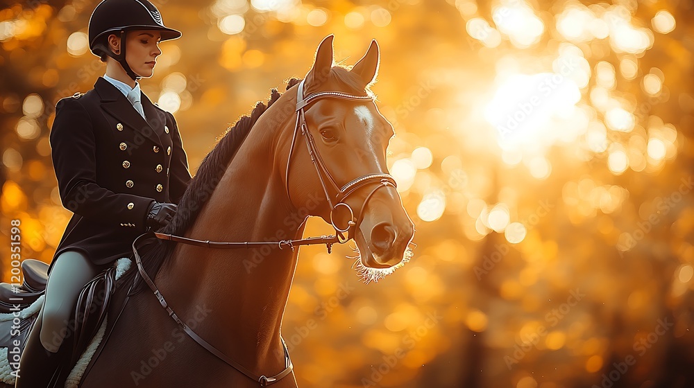 Obraz premium Equestrian riding at sunset in autumn woods. Stock photo for equestrian magazines