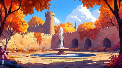 A serene autumn courtyard with a fountain surrounded by vibrant orange trees and a castle in the background. photo