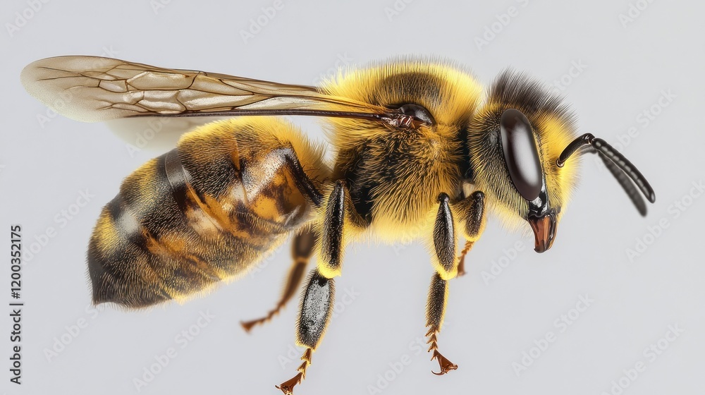 Close-up of a honeybee in flight, showcasing its hairy body, wings, and legs against a neutral background. Close-up of a honeybee in flight, showcasing its hairy body, wings, and legs against a neutral background.