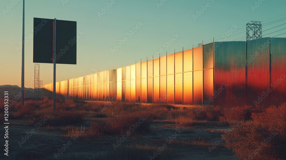 Sunset illuminates a long metallic barrier in a desert landscape, next to a blank billboard. Sunset illuminates a long metallic barrier in a desert landscape, next to a blank billboard.