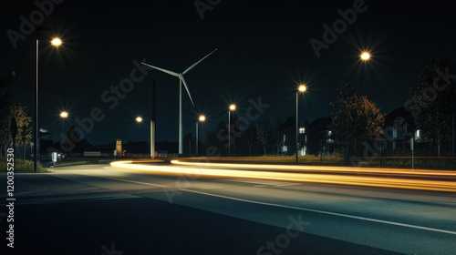 Night scene of a roundabout with light trails and a wind turbine in the background.