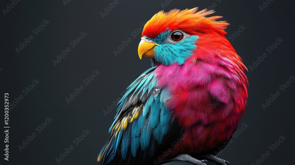 Obraz premium Vibrant red, pink, and blue parrot perched against a dark background.