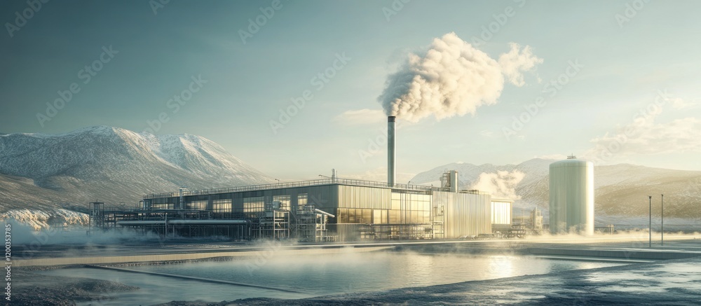 Geothermal power plant in snowy mountains emitting steam. Geothermal power plant in snowy mountains emitting steam.