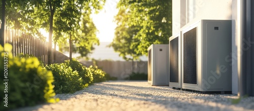 Wallpaper Mural Modern heat pumps outside a house, surrounded by lush greenery on a sunny day. Torontodigital.ca