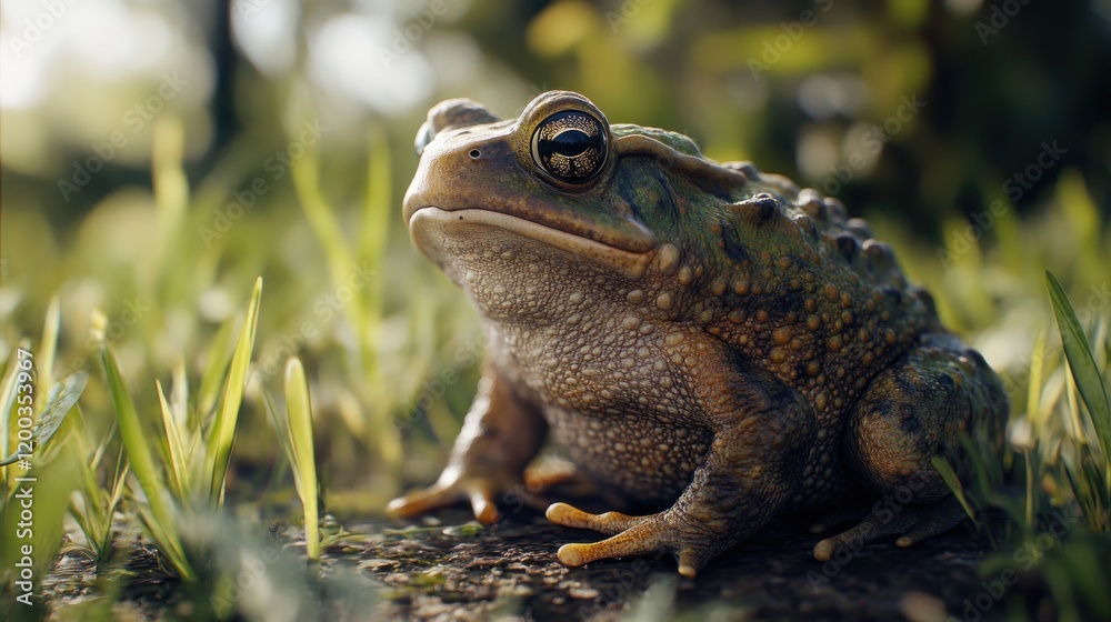 Fototapeta premium Close-up of a large toad sitting on the ground in a grassy area.