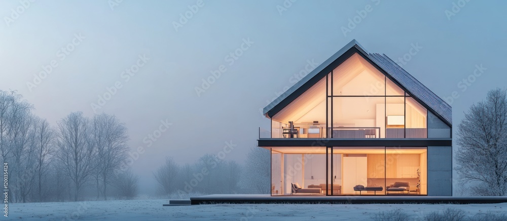Modern illuminated house in snowy winter landscape at dusk. Modern illuminated house in snowy winter landscape at dusk.