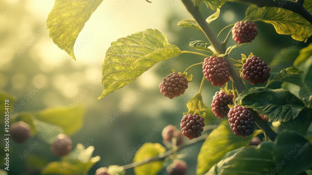 Obraz premium Sunlit ripe blackberries on branch with green leaves.