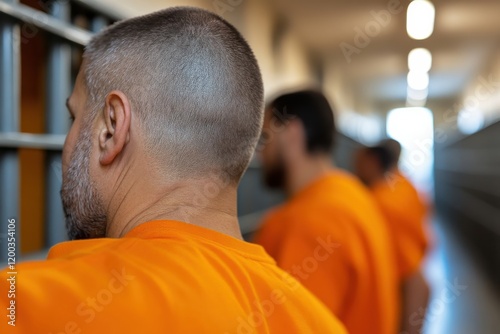 A group of inmates in orange uniforms stands by the prison bars, embodying feelings of confinement and the harsh realities of incarceration. photo