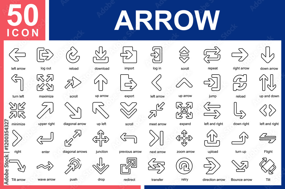 Naklejka premium 50 arrow icons, vector outline including: left arrow,log out,reload,download,import,log in,scroll,repeat,right arrow,down arrow,turn left,maximize,play,up arrow,export,left arrow,up arrow,jump,reload 