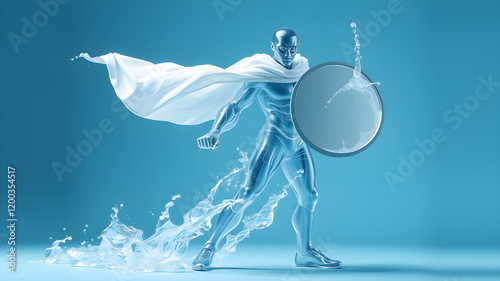 a superhero completely made out of translucent water. the superhero stands in a defensive stance and holds a round shield made of water. only use water. water splashes. light blue background. Generati