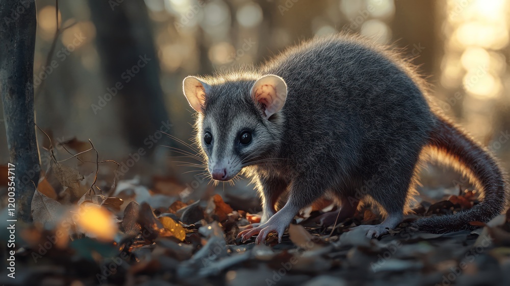 Fototapeta premium A young opossum in a forest at sunset.