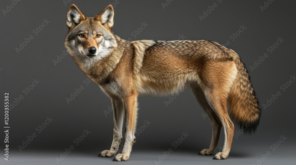Fototapeta premium Red wolf standing, facing forward, on a gray background.