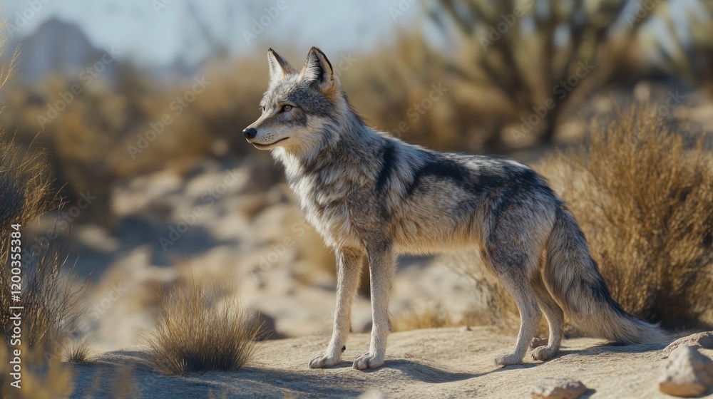 Fototapeta premium Gray coyote standing alert in desert landscape.