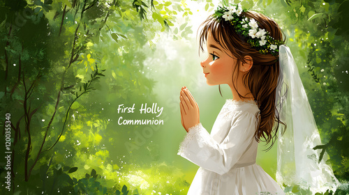 Holly Communion. Young girl in white dress with floral crown praying. Digital watercolor illustration with decorative text 'Holly Communion' at the bottom. 