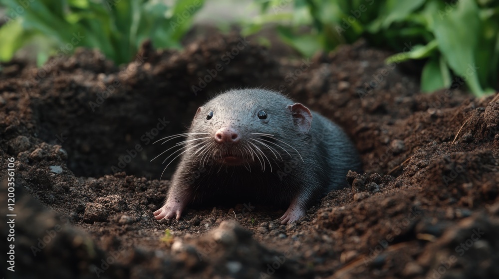 A small, dark gray rodent, possibly a mole, emerges from a hole in dark soil, its whiskers prominent. A small, dark gray rodent, possibly a mole, emerges from a hole in dark soil, its whiskers prominent.