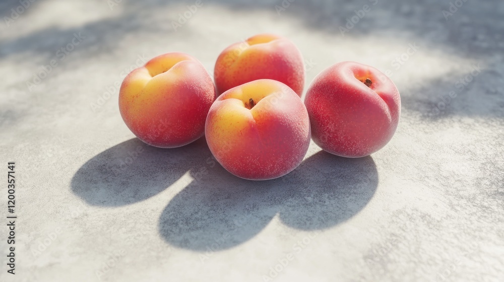 Four ripe peaches on a light gray surface, sunlit. Four ripe peaches on a light gray surface, sunlit.