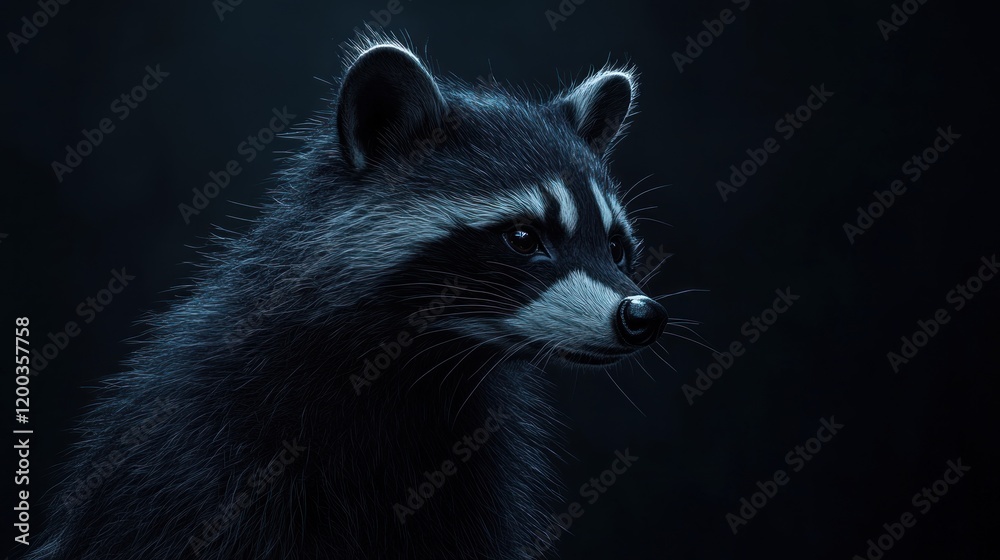 Fototapeta premium Close-up portrait of a raccoon against a dark background, showcasing its fur texture and facial details.