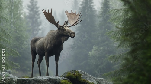 Majestic bull moose standing on rocks in a foggy forest. photo