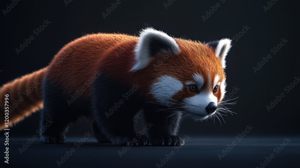 Obraz premium Adorable red panda cub walking on dark background. (1)