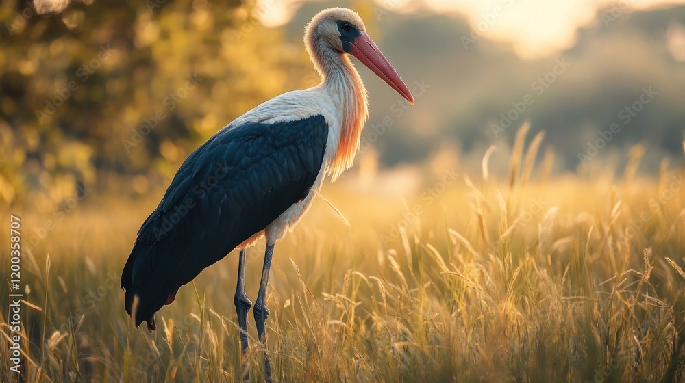 Obraz premium Majestic painted stork standing in golden sunset field.