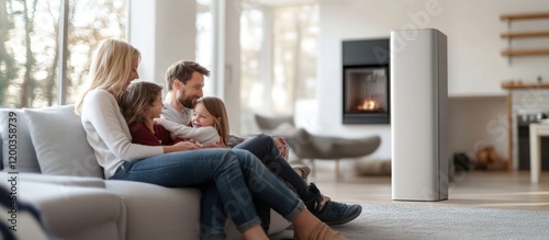 Happy family relaxing on couch in modern living room with fireplace and air purifier.