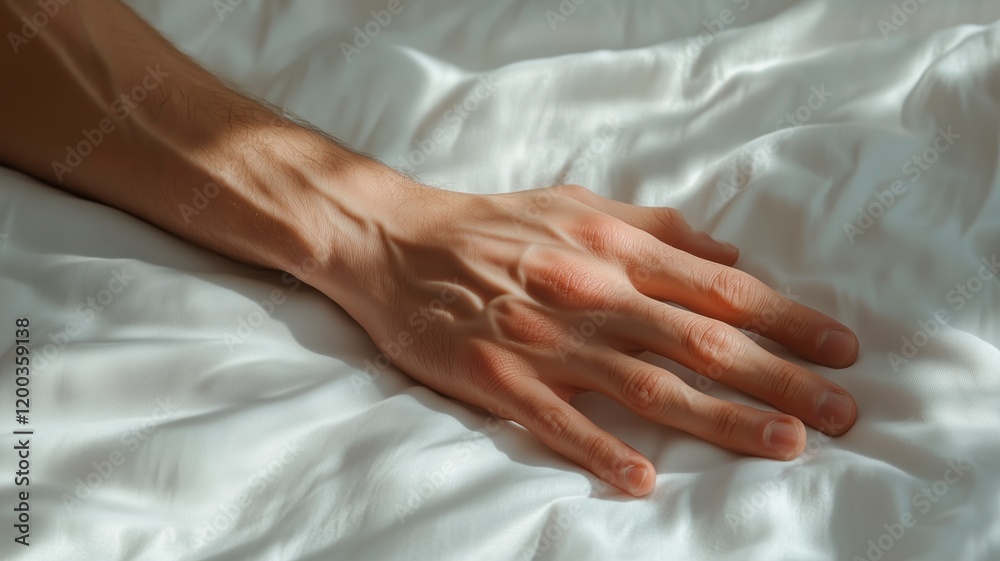 Close-up of a male hand resting on soft white fabric, showcasing texture, veins, and natural lighting.
