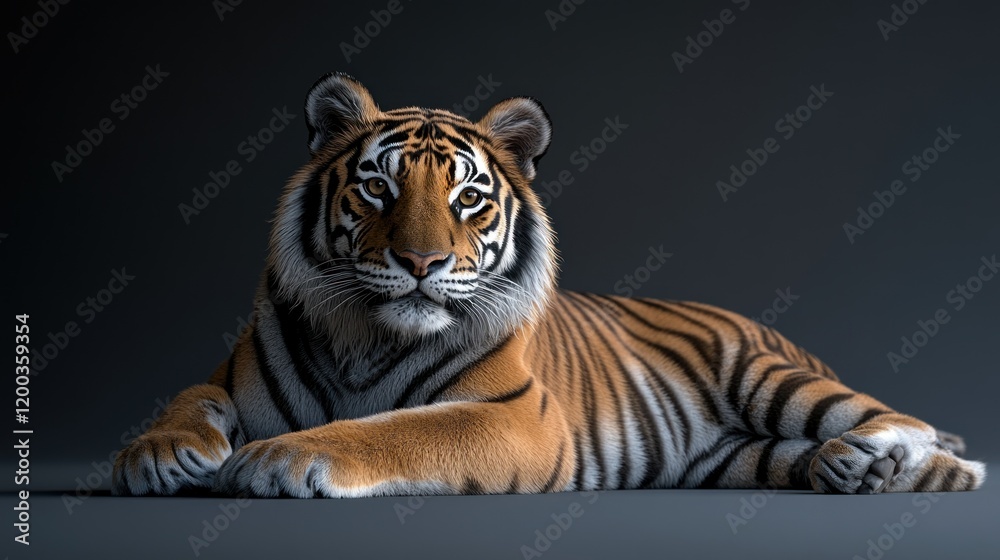 Obraz premium Majestic tiger lying down, dark background.
