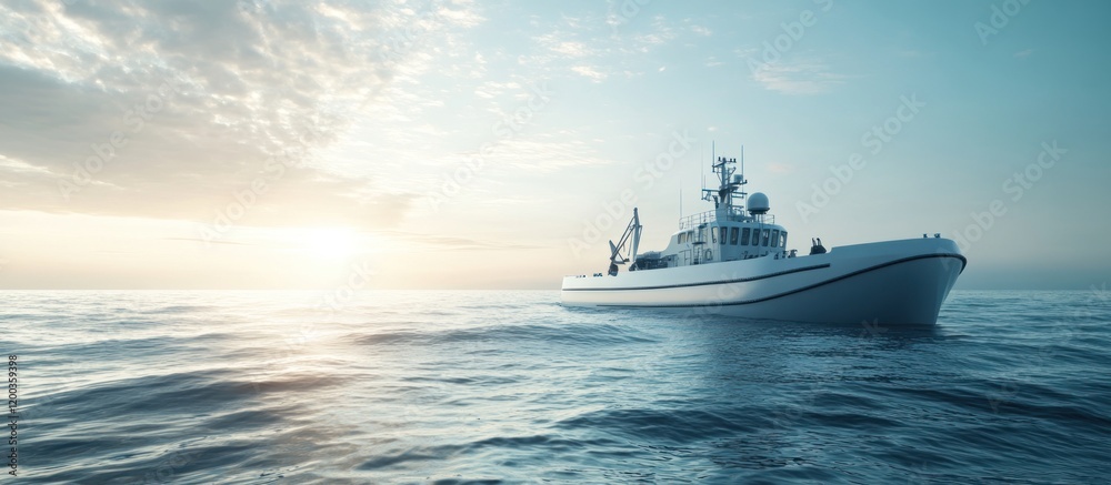 Obraz premium White patrol boat sailing on calm ocean at sunset.