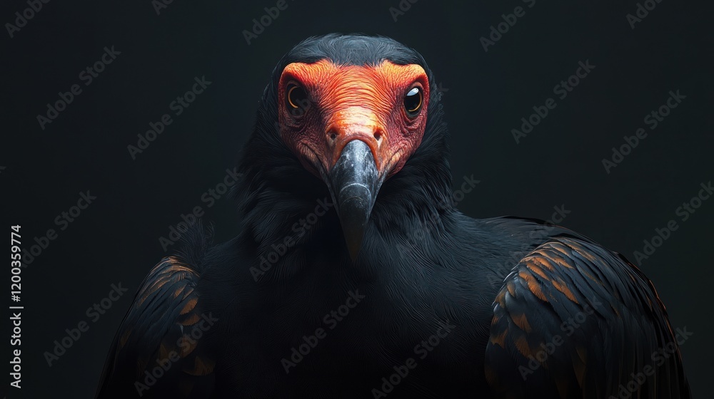 Close-up portrait of a black and orange vulture, staring intensely at the camera against a dark background.