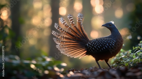 A crested argus pheasant displays its iridescent tail feathers in a sun-dappled forest. photo