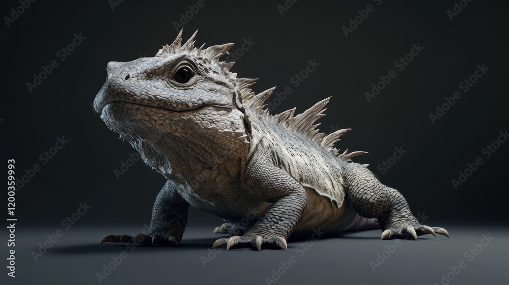 Fototapeta premium Close-up of a gray lizard with spikes on its back, looking to the left, against a dark background.