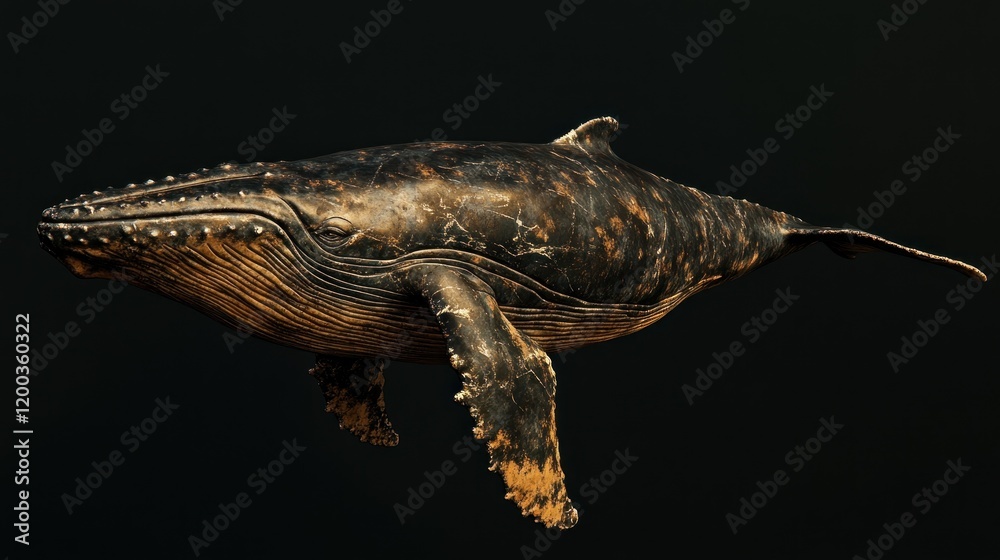 A humpback whale, dark brown and gold, swimming against a black background. A humpback whale, dark brown and gold, swimming against a black background.