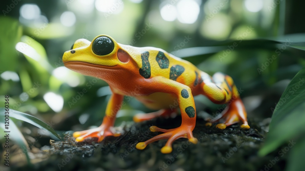 Vibrant yellow and orange frog in lush green foliage. Vibrant yellow and orange frog in lush green foliage.
