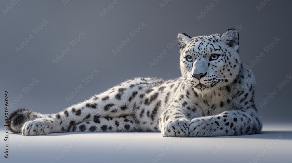 Fototapeta premium Majestic snow leopard lying down, gazing intently.