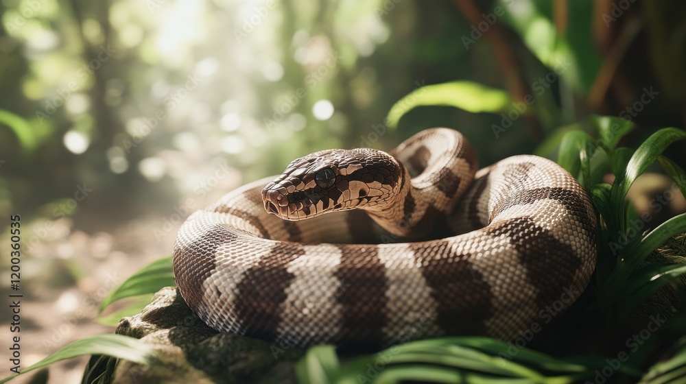 Naklejka premium Coiled python in lush tropical jungle.