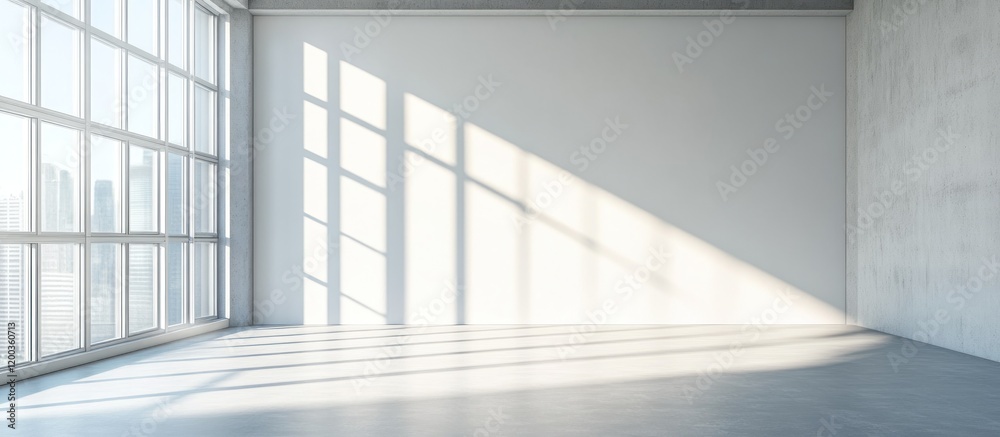 Obraz premium Sunlit empty room with large window and concrete wall.