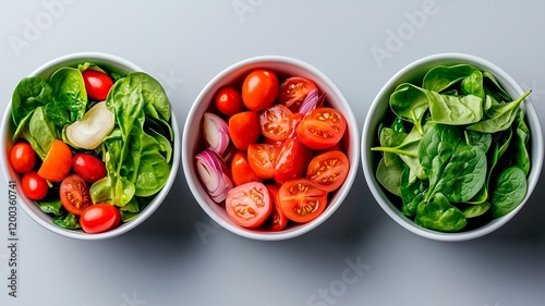 Three bowls of fresh vegetables, including spinach, tomatoes, and onions, showcasing a healthy and colorful vegan salad.