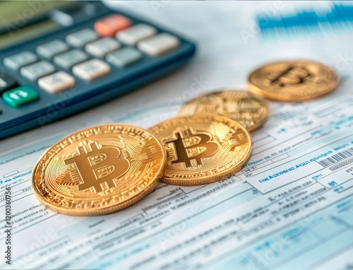 Bitcoin coins with financial documents and calculator symbolizing taxes and regulation