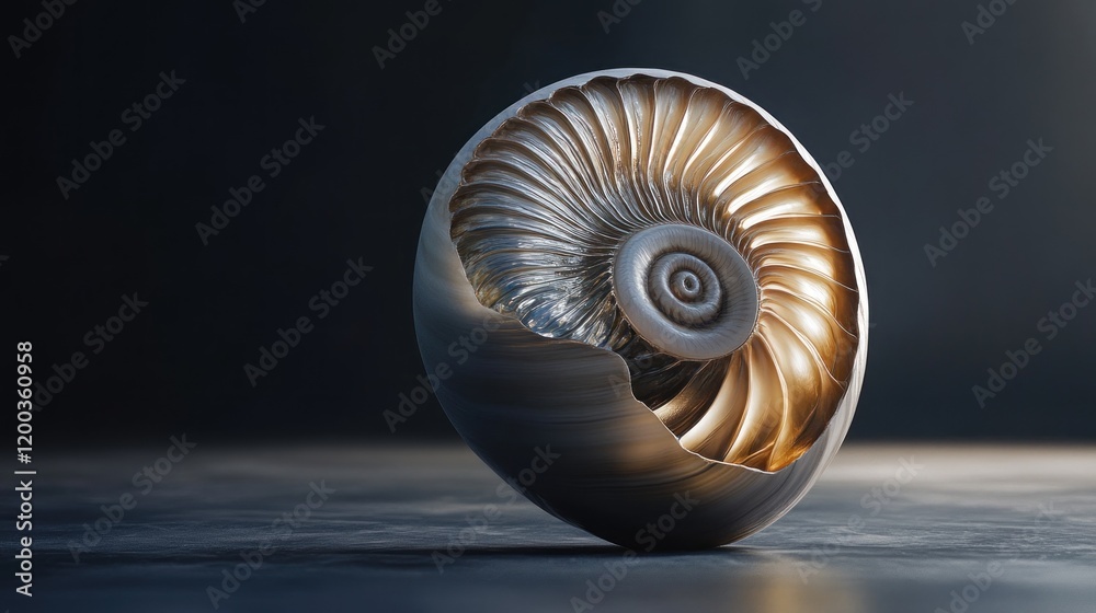 Obraz premium Abstract metallic sphere with spiral, shell-like interior, dark background.