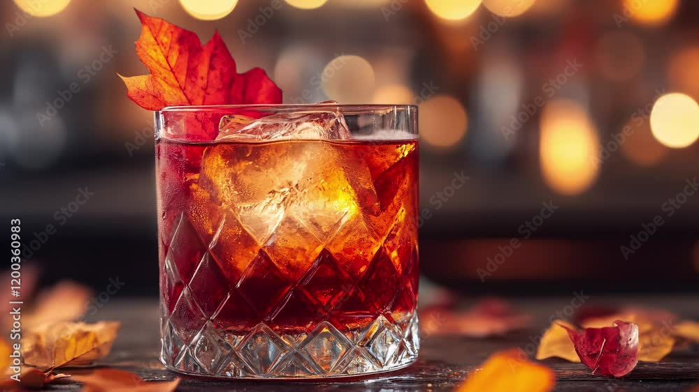 Autumn-inspired bar scene with warm lighting, Old Fashioned cocktails decorated with colorful leaves, creating a relaxing, cozy atmosphere.